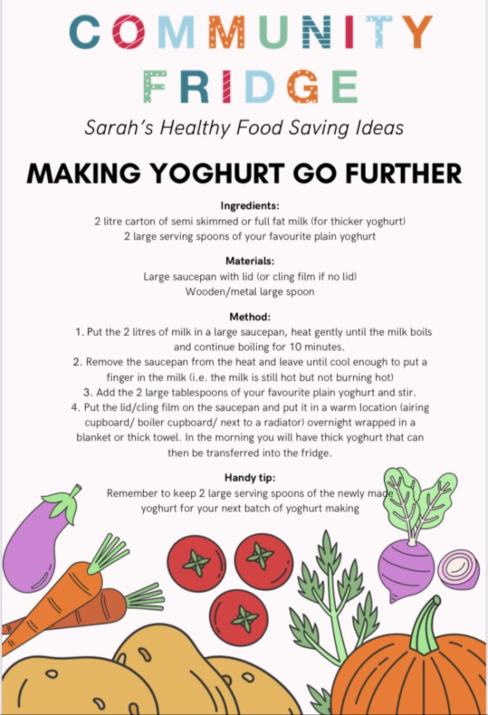 Sarah’s Making Yoghurt Go Further recipe sheet. Ingredients and instructions are written out below.