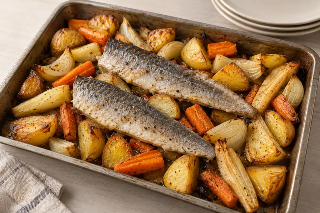 AI-generated serving suggestion of baked herring with roasted onion, potatoes and root vegetables.