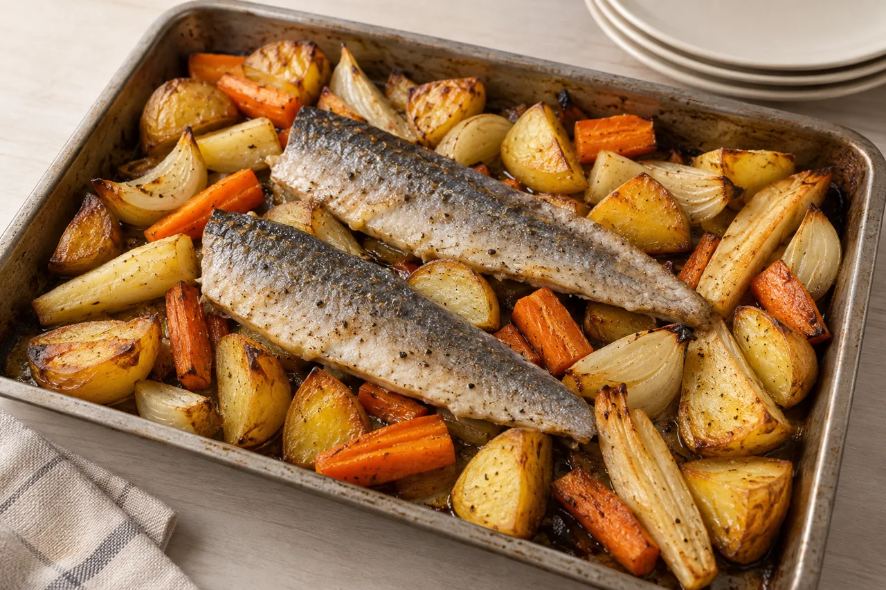 Baked Herring with Onion & Veg