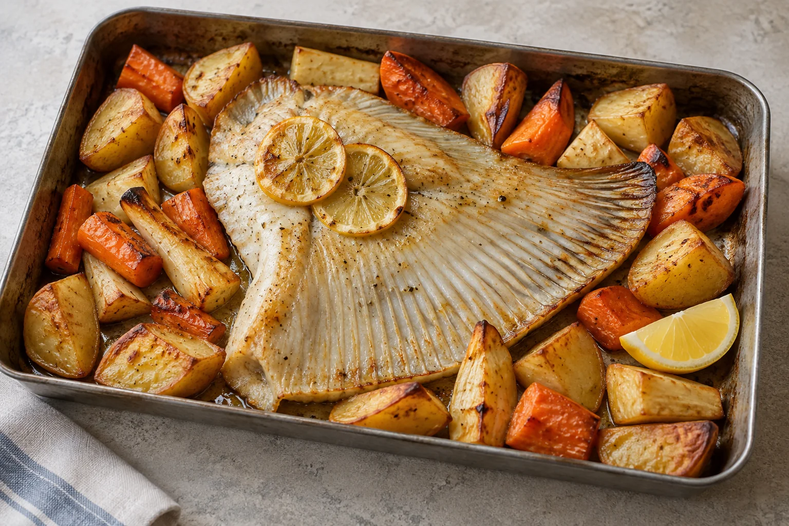 Baked Ray Wings with Root Veg