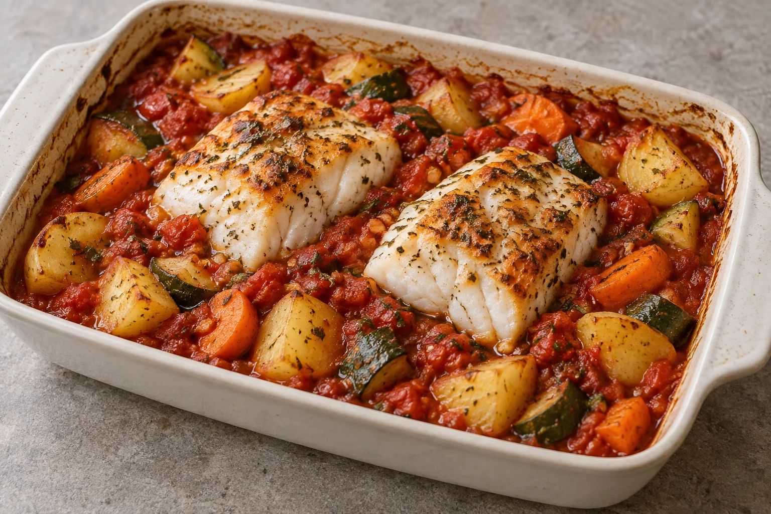 Cod & Tomato-Veg Bake