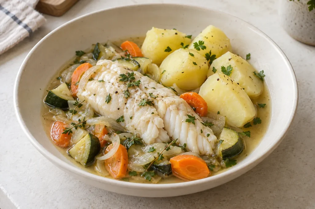 AI-generated serving suggestion of hake braised with onion and vegetables, served with boiled potatoes.