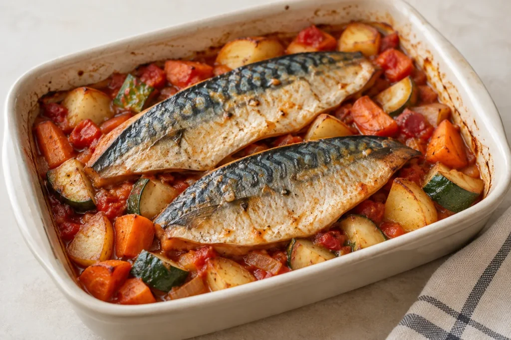 AI-generated serving suggestion of mackerel baked with potatoes and vegetables in tomato sauce.