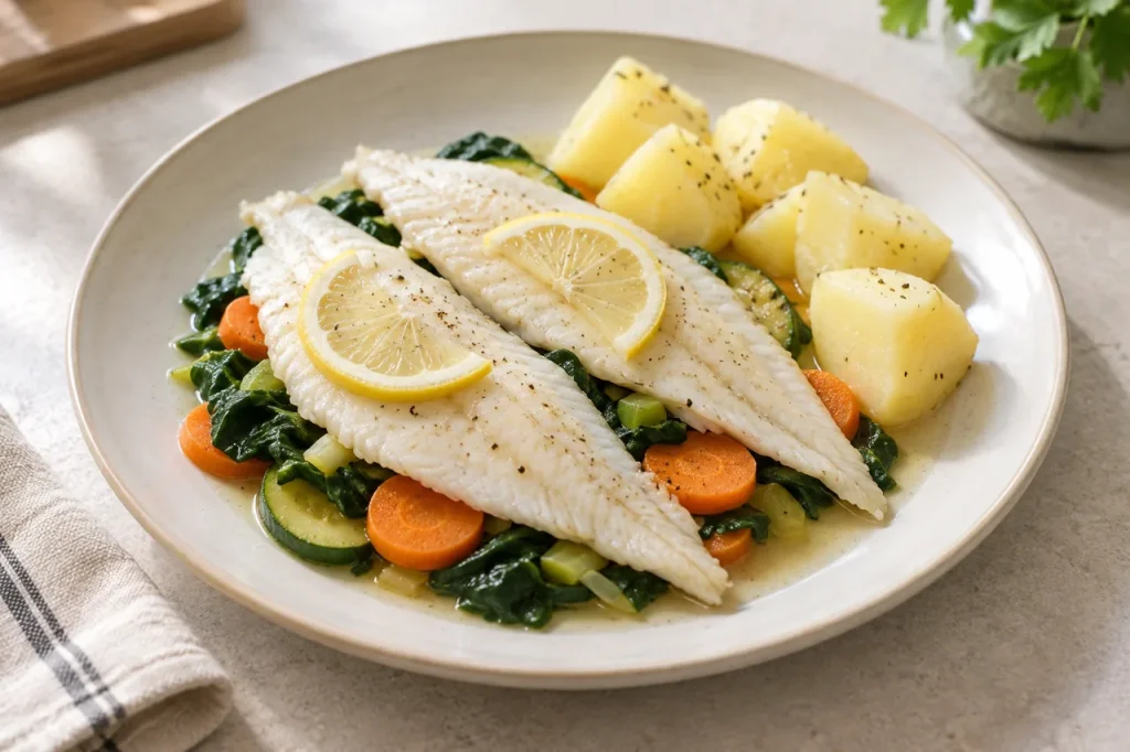 AI-generated serving suggestion of steamed plaice with vegetables, potatoes and lemon.
