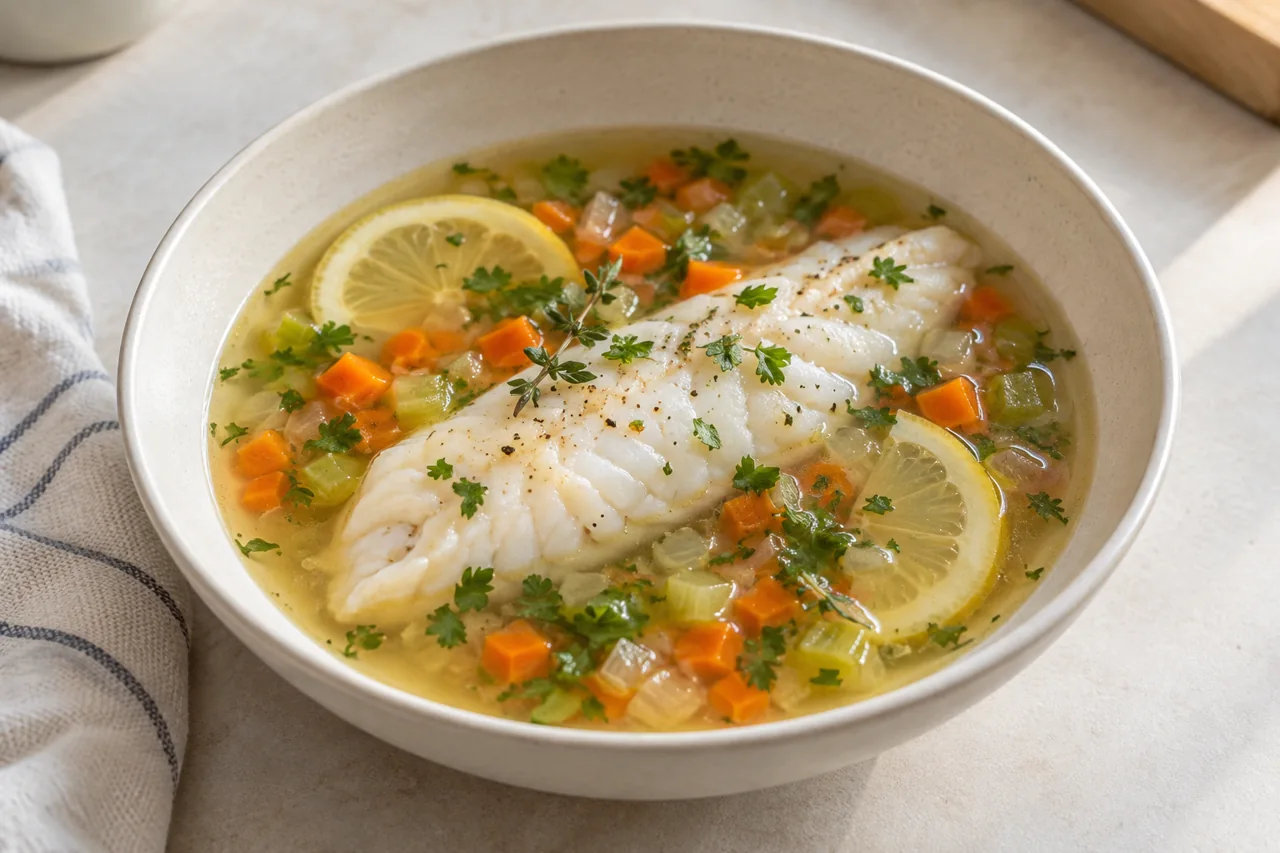 Poached Whiting in Herby Veg Stock